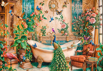 1000 Piece Jigsaw Puzzle, The Bath Fantasy, Luxurious bathroom, Peacock and exotic birds, Ornate, vibrant art., Adult Puzzle, Castorland C-105380-2