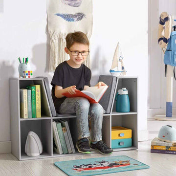 HOMCOM 6-Cubby Kids Bookcase with Reading Nook and Cushion, Gray