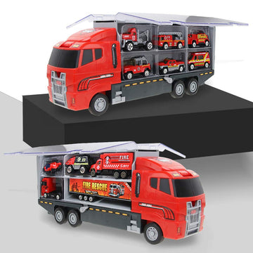 Coolplay Fire Truck Toy Set for Kids, Toy Vehicles Carrier Truck with Die-cast Cars, Rescue Firetruck for Boys 3-6 Years Old