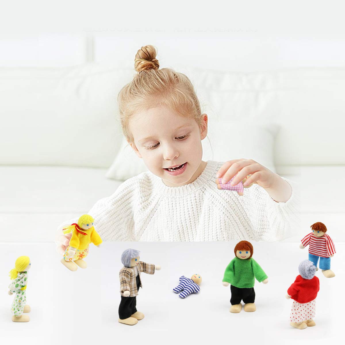 Puckway Lovely Happy Dollhouse Dolls Family Set Of 8 Wooden Figures For Children House Pretend Gift