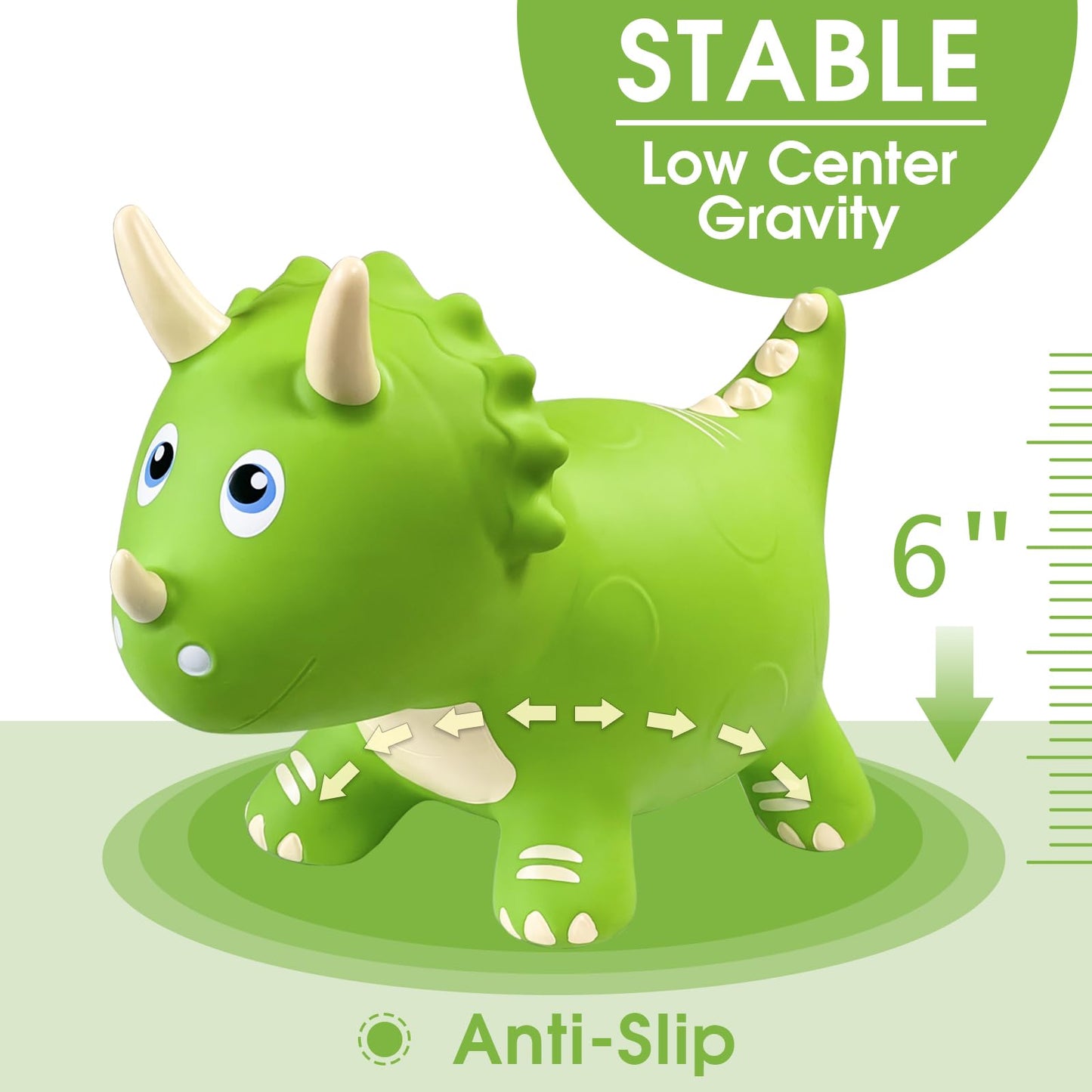 HotMax Dinosaur Bouncy Hopper Toy - Inflatable Triceratops for Toddlers, Medium Size, Green, PVC - Perfect Birthday Gift for Kids 18 Months to 4 Years