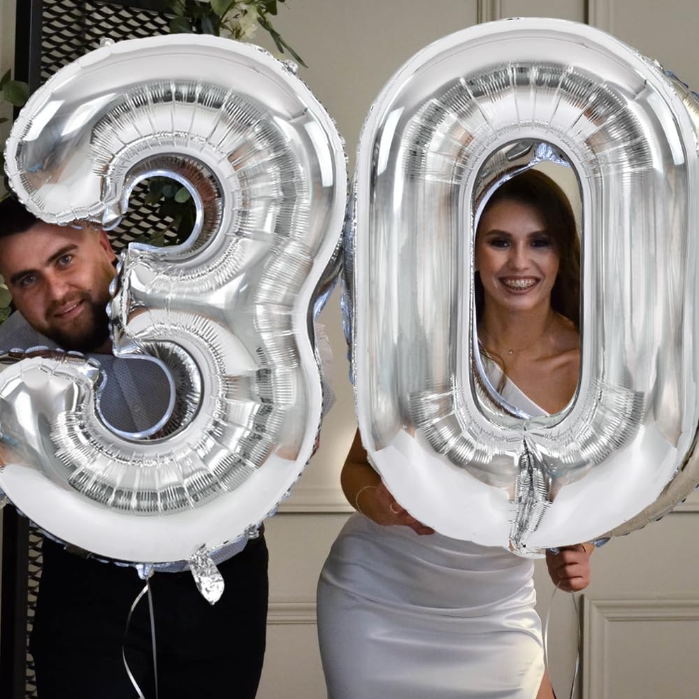 Toniful 40 Inch Silver Large Numbers Balloons Number 30 Digital 30 Helium Balloons, Foil Mylar Big Number Balloons For Birthday