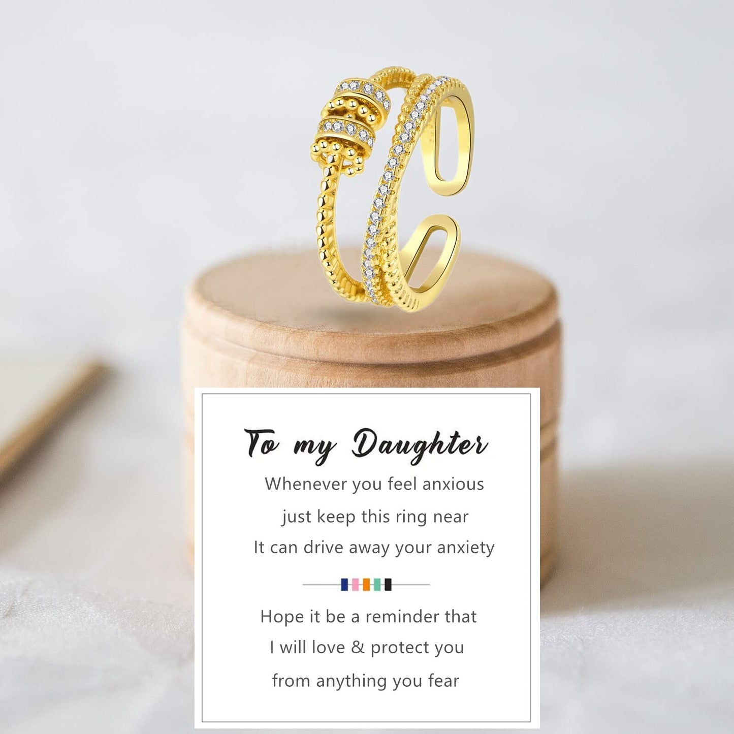 Askljeby Anxiety Ring for Daughter, 18K Gold Fidget Ring for Daughter from Mom to My Daughter Cubic Zirconia Adjustable Thumb St