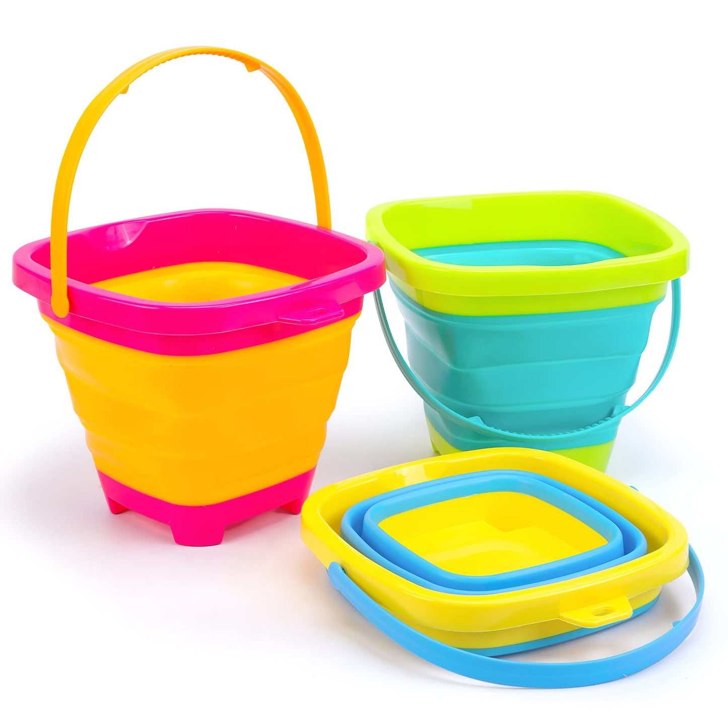 Shindel Foldable Beach Bucket Set, 2L Silicone Collapsible Toy Buckets For Kids, Camping Gear, Essentials Vacation, 3Pcs
