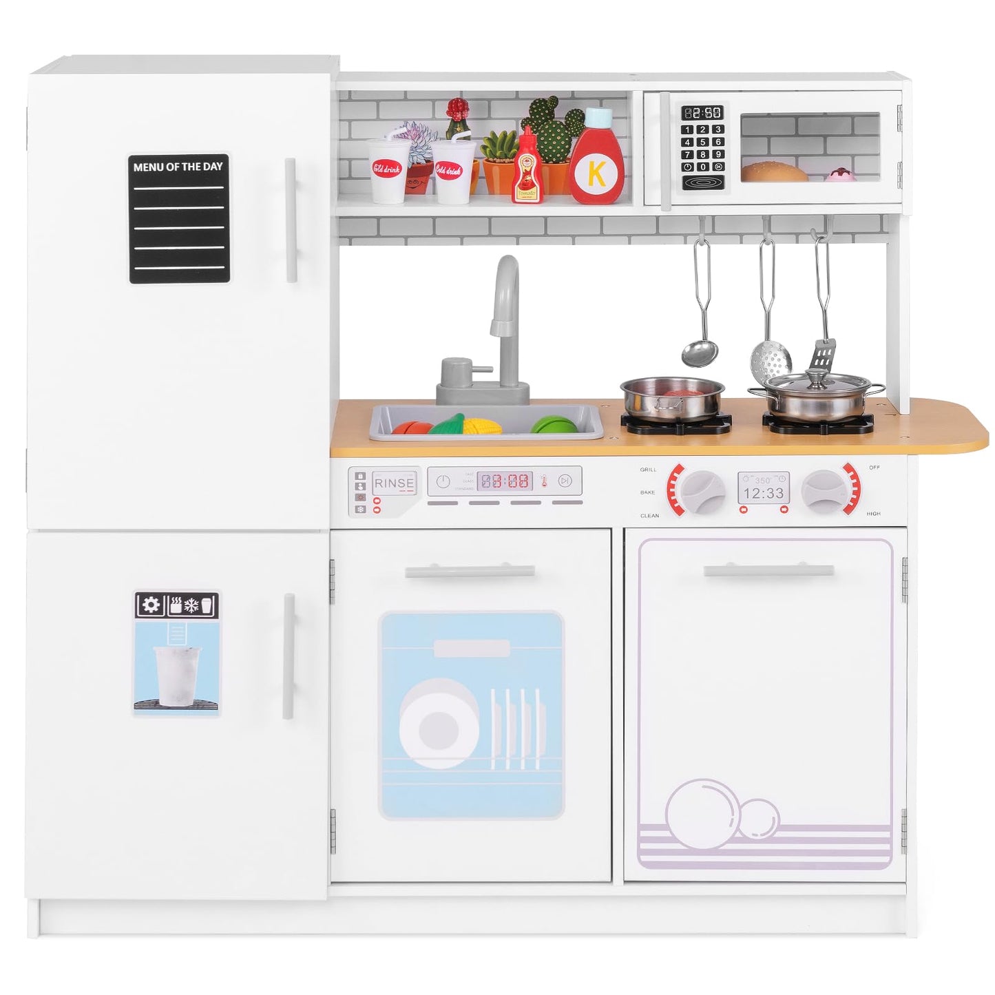 Costzon Play Kitchen for Kids, Wooden Toy Kitchen Set with Blackboard, Faucet, Sink, Oven, Microwave, Dishwasher, Accessories, P