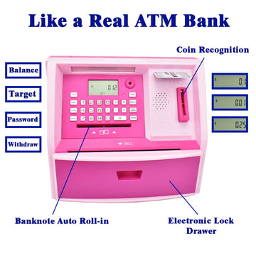 Atm Savings Bank With Debit Card, Electronic Piggy Bank For Real Money, Coin Recognition, Targets Setting, Password Login, Voice Prompt, Great Gift For Boys Girls (Pink/Pink)