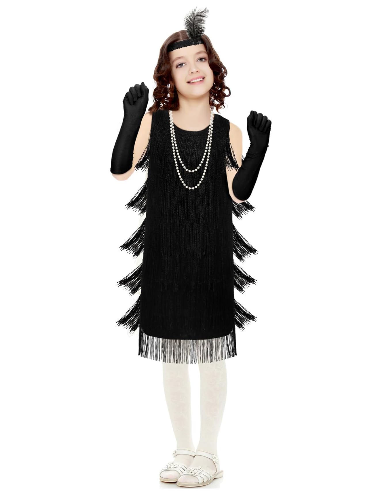 Inbakjade Girls 1920'S Costume Accessories Halloween Costumes Flapper Fringed Dresses Costume Set For Kids (7-9Years)