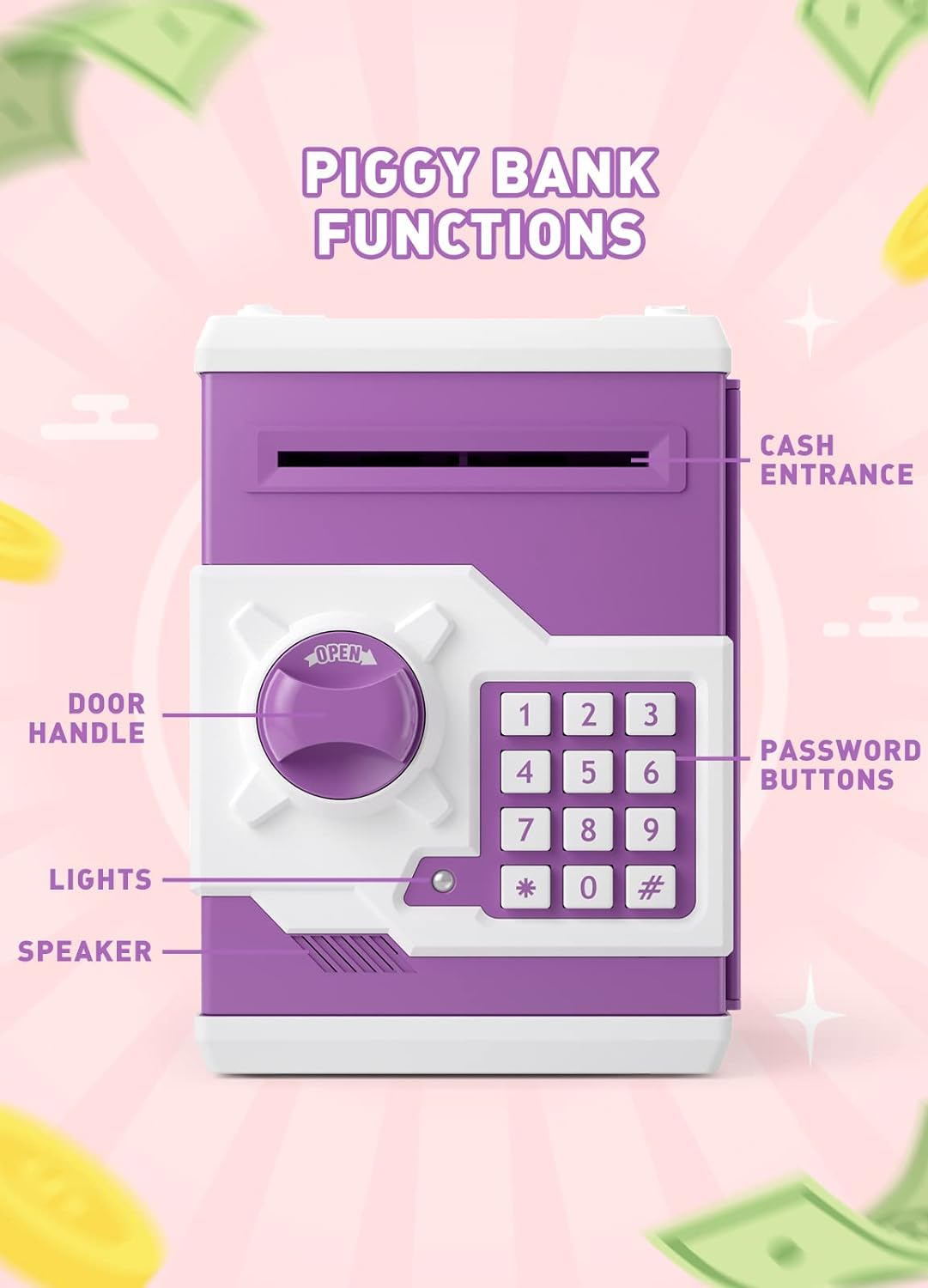 Piggy Bank For Girls Boys Large Electronic Money Coin Banks With Password Protection, Automatic Paper Money Scroll Saving Box, Great Gift For Kids (Purple-White)