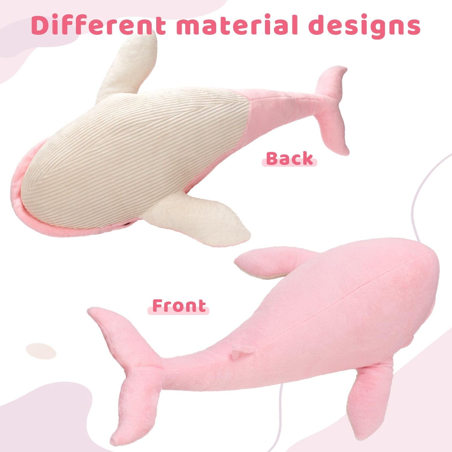 Tezituor 4ft Giant Whale Stuffed Animal, 43.3 inch Large Stuffed Pink Whale Plush Ocean Toys, Hugging Soft Whale Plush Pillow fo
