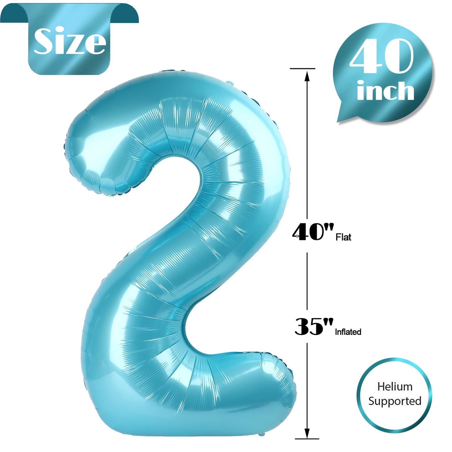 Pearlescent Blue 2 Balloon, Number Balloons 40 Inch, 2Nd Balloon Number Birthday Decorations, Second Two Birthday Party Supplies