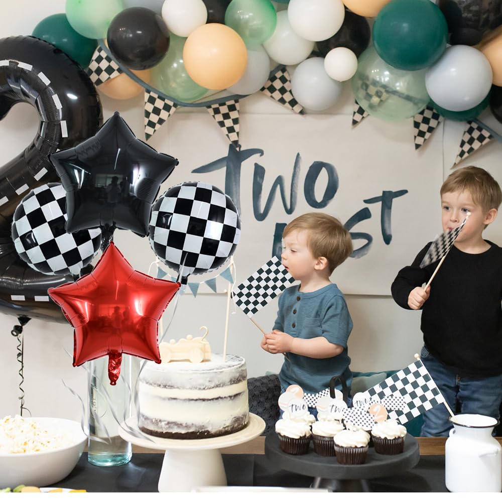Toniful 40 Inch Race Car 2Nd Birthday Balloons Racetrack Number 2 Black Balloons Wheel Tire Balloons Black White Checkered Ballo