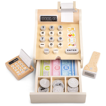 New Classic Toys 10651 Wooden Cash Register with Play Money, Scanner and Bank Card, White 200 x 165 x 110mm