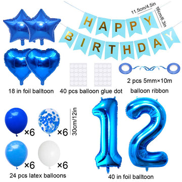 Huture 12 Birthday Party Supplies Blue Number 12 Foil Balloon Happy Birthday Banner Kit 12Th Birthday Decoration White Blue Late