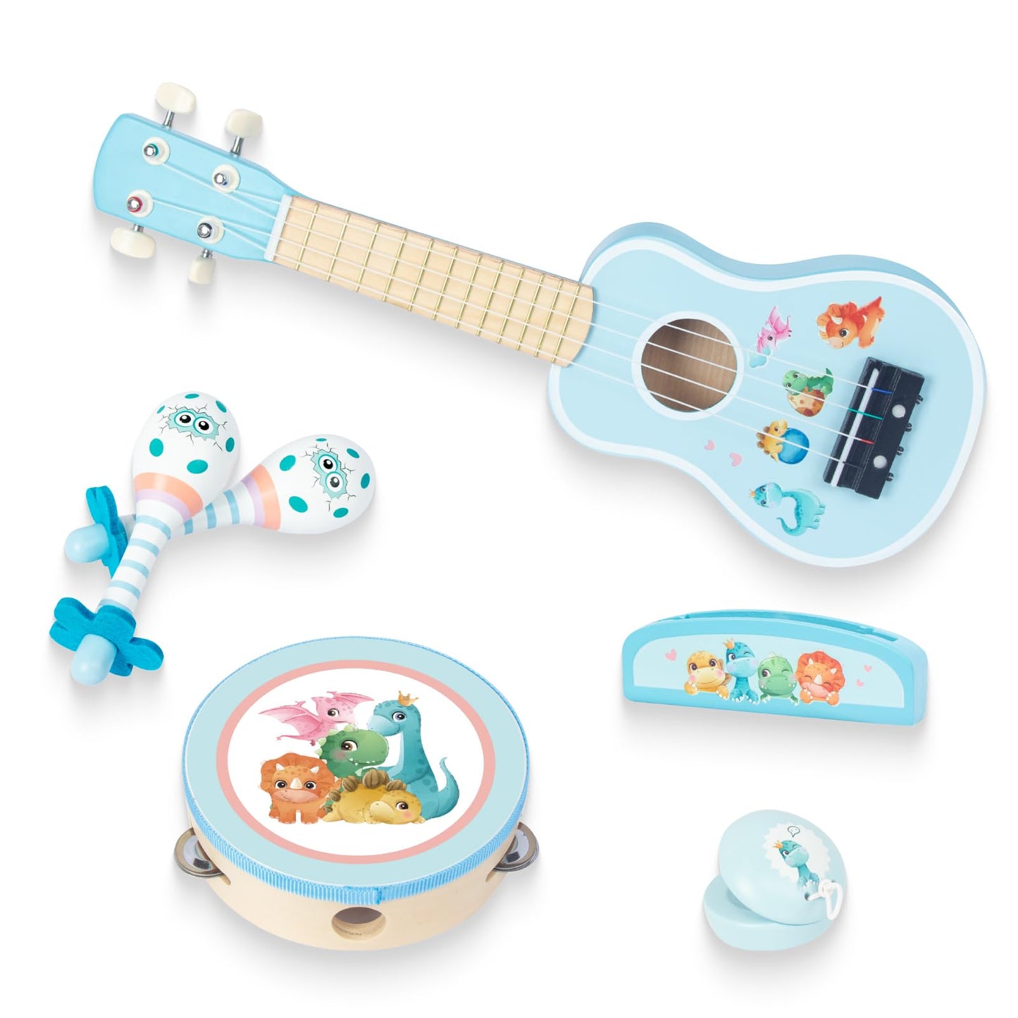 Woodenedu Kids Guitar For Girls, Wooden Musical Instruments Toys With Ukulele, Tambourine, Maracas, Harmonica, Mini Band Sets Fo