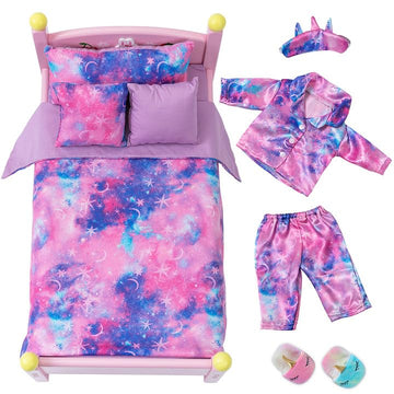 K.T. Fancy 8 Pcs 18 Inch Girl Doll Clothes And Accessories Sleeping Sheet,Pajamas,Eye Mask,Unicorn Slippers,Pillow(Doll And Bed Are Not Included)