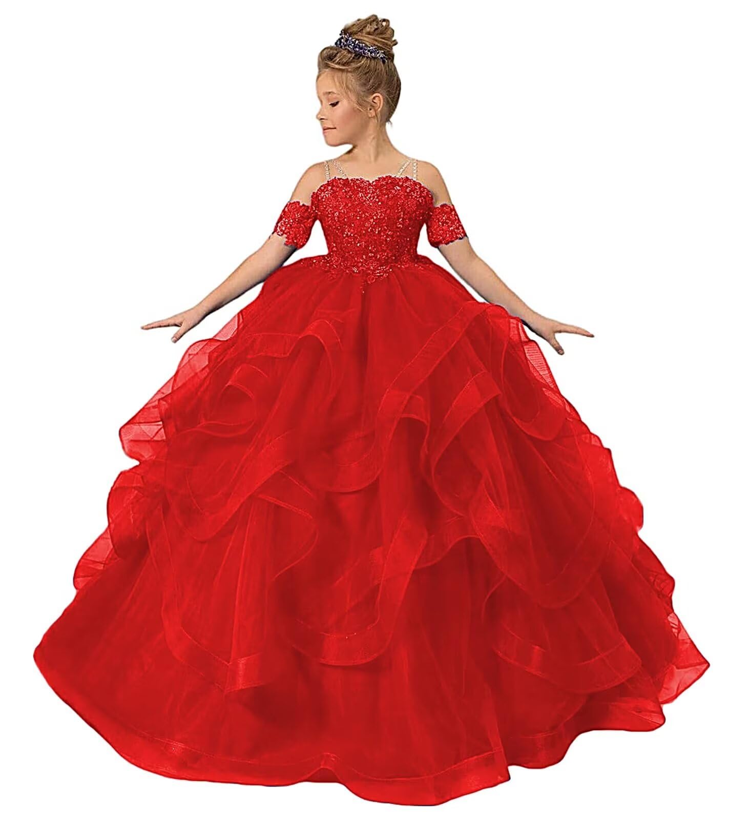 Zpvp Princess Flower Girl Dress For Wedding Long Tulle Girls Pageant Dress Puffy Ruffles Beaded Appliques Party Costumes Red Us1