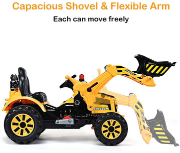 GLACER Ride on Excavator 12V Battery Powered Digger w/ 2 Speeds Forward & Backward Front Loader Bucket Horn Safety Belt Electric Construction Vehicles for Kids 3-8 Years Old (Yellow)