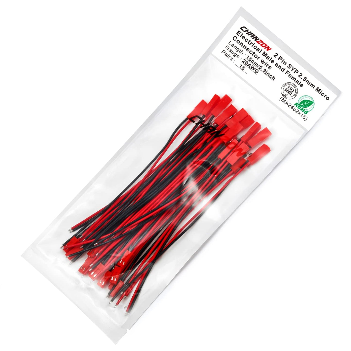 Chanzon 20AWG 15 Pairs Jst SYP 2.5 mm Pitch 2Pin Plug Connector for 5.9 inch UL1007 Tinned Copper Wire for RC Toys Battery Etc.