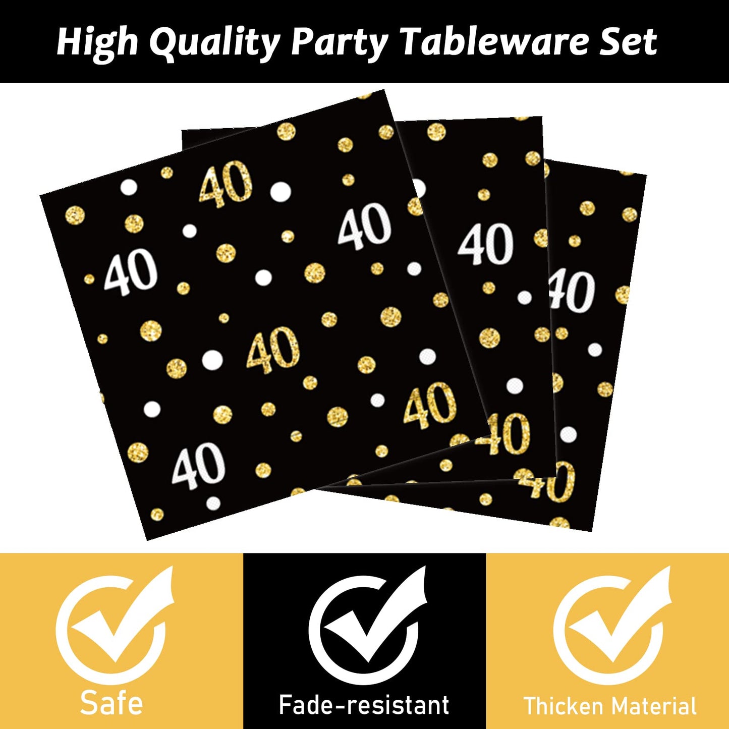 96 Pcs 40Th Birthday Plates And Napkins Party Supplies Black Gold Happy Forty Theme Tableware Set 40Th Birthday Decorations Favo