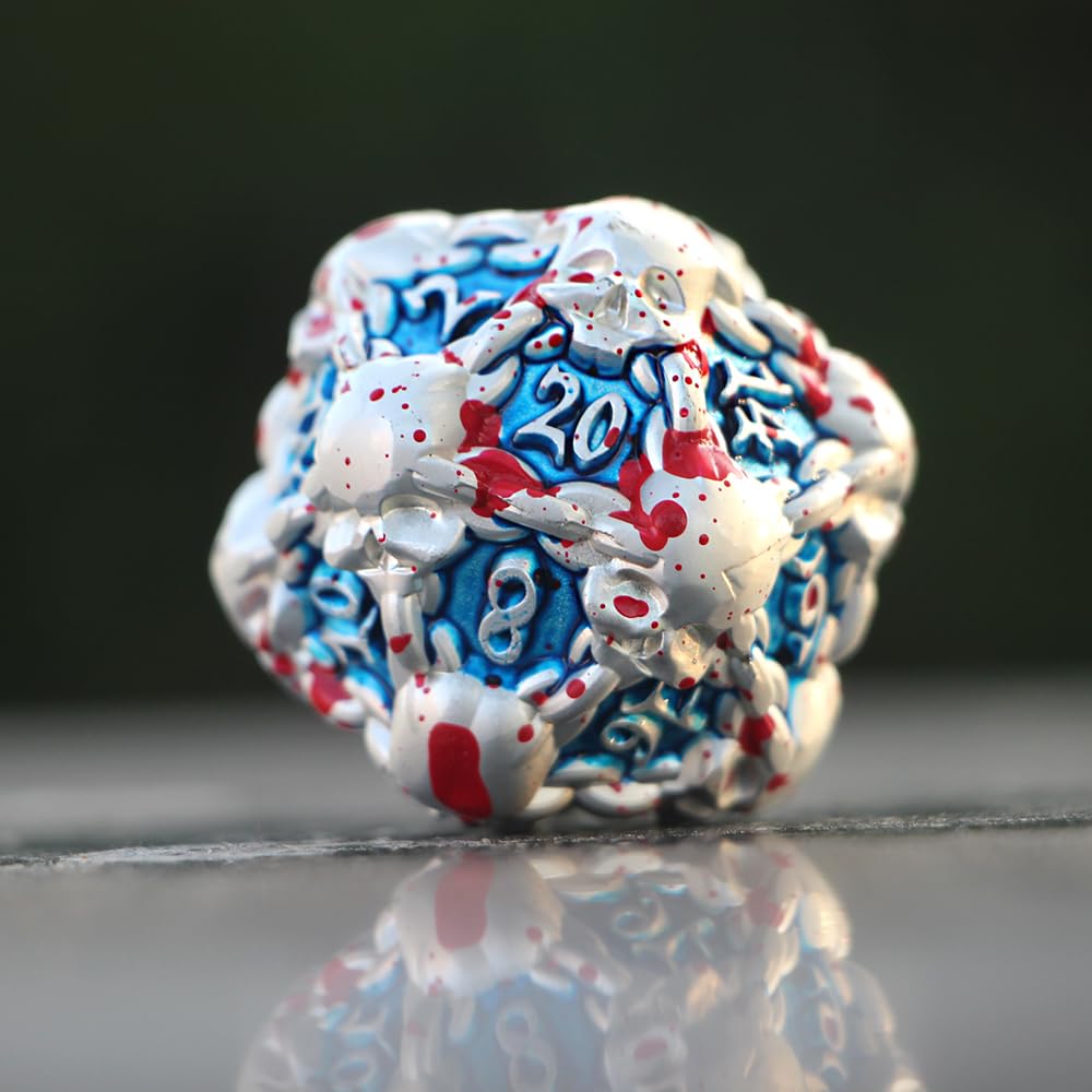 Dndwow Big Metal Skull D20 Dice Silver Bloody Red Blue For Role Playing Games - Bksbr