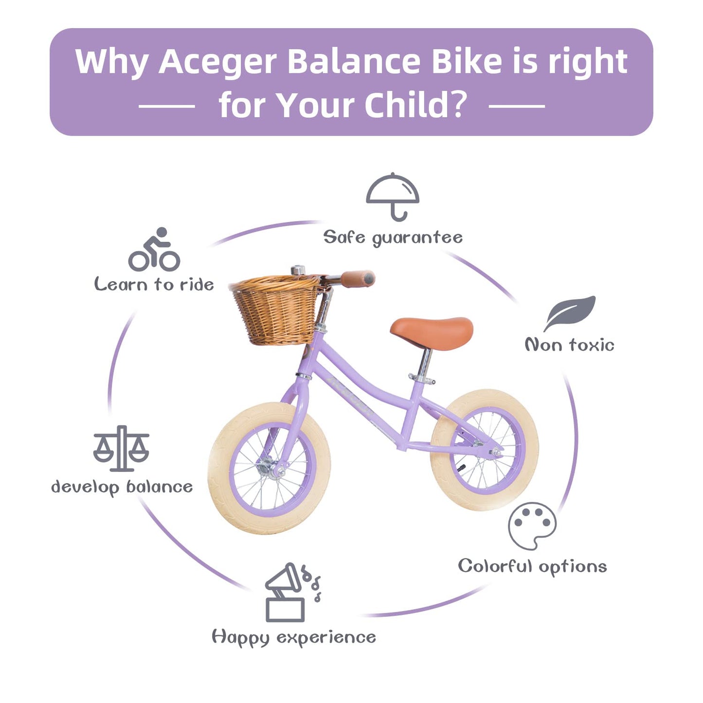 Aceger 12' Kids Balance Bike With Basket, No Pedal Toddler Bicycle For Early Learning Leg Strength And Steady Balancing, Durable Frame&Tool-Free Adjustable Seat, Gift Bike For 2-5 Kids