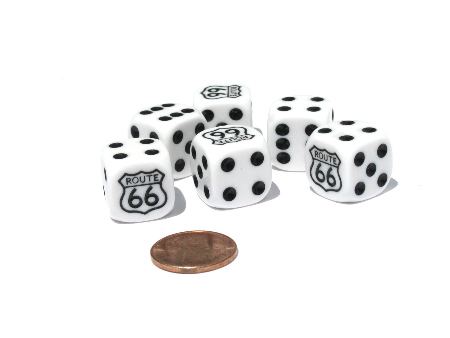Set of 6 Route 66 16mm D6 Round Edged Koplow Dice - White with Black Pips