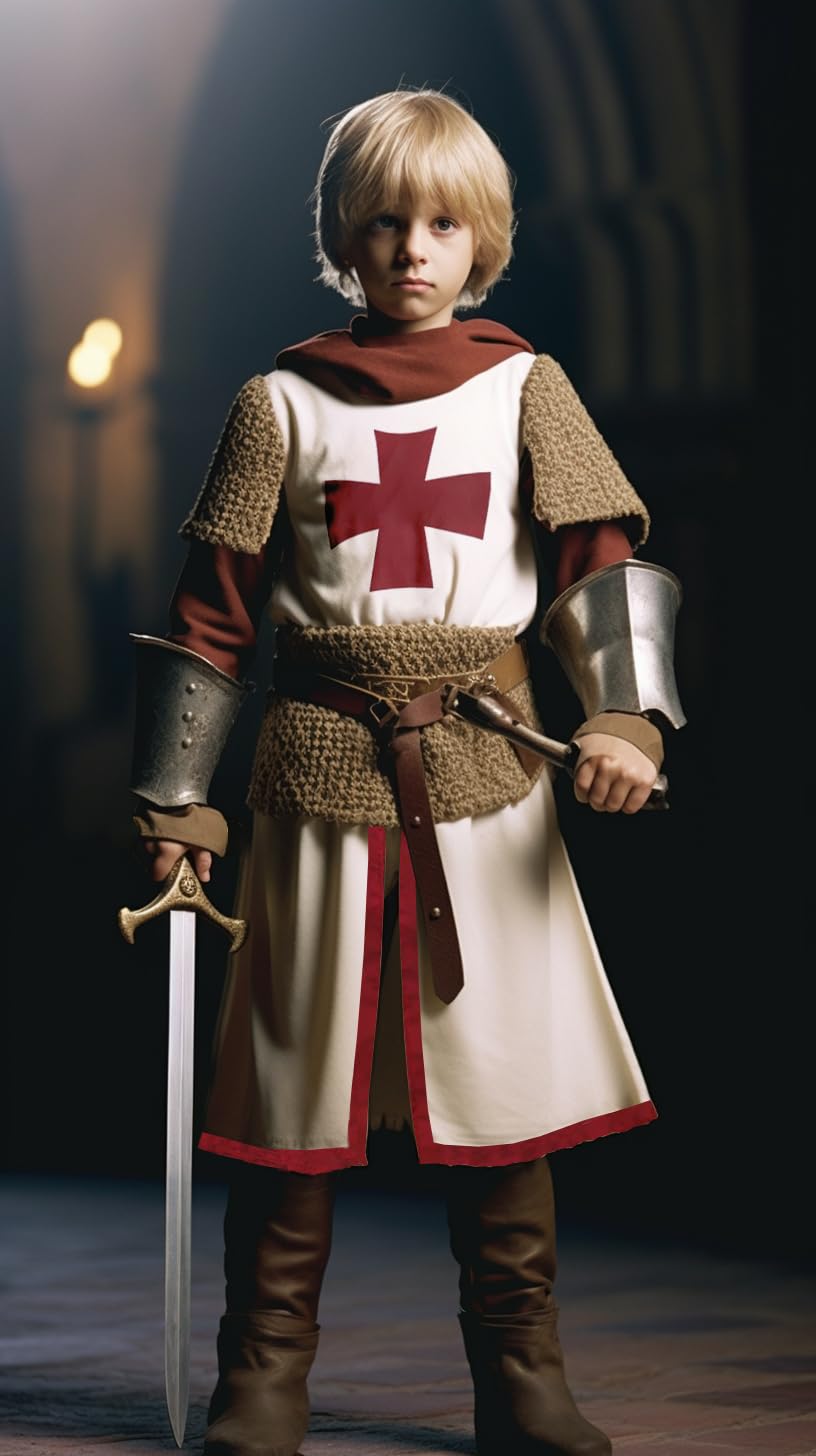 Vzqi Kids Crusader Costume White Medieval Knight Tunic Boys Outfit Renaissance Roman Warrior Sleeveless Costume Halloween With B