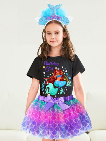 Doctor Unicorn Birthday Girls Mermaid Outfit Set Costume Tutu Skirt Dress, Mermaid Birthday Shirt, Headband & Satin Sash (Black-3, 4-5 Years)