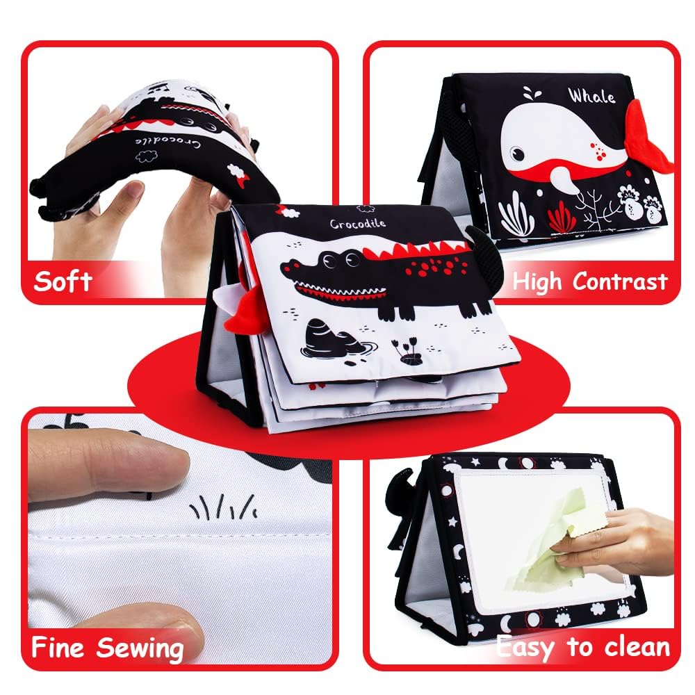 Oarifun Tummy Time Mirror, Baby Tummy Time Toys With Soft Book, Black And White High Contrast Baby Toys, 3D Activity Sensory Montessori Toys Crawling Mat