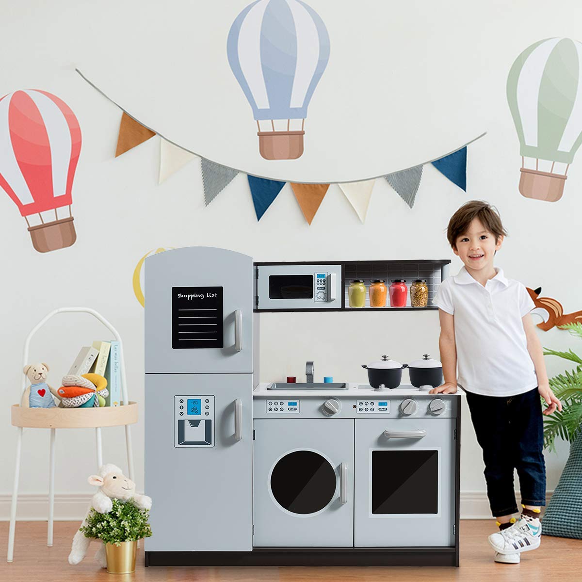 Costzon Kids Kitchen Playset, Wooden Pretend Play Toy Set with Realistic Sound, Microwave, Oven, Washing Machine, Refrigerator,