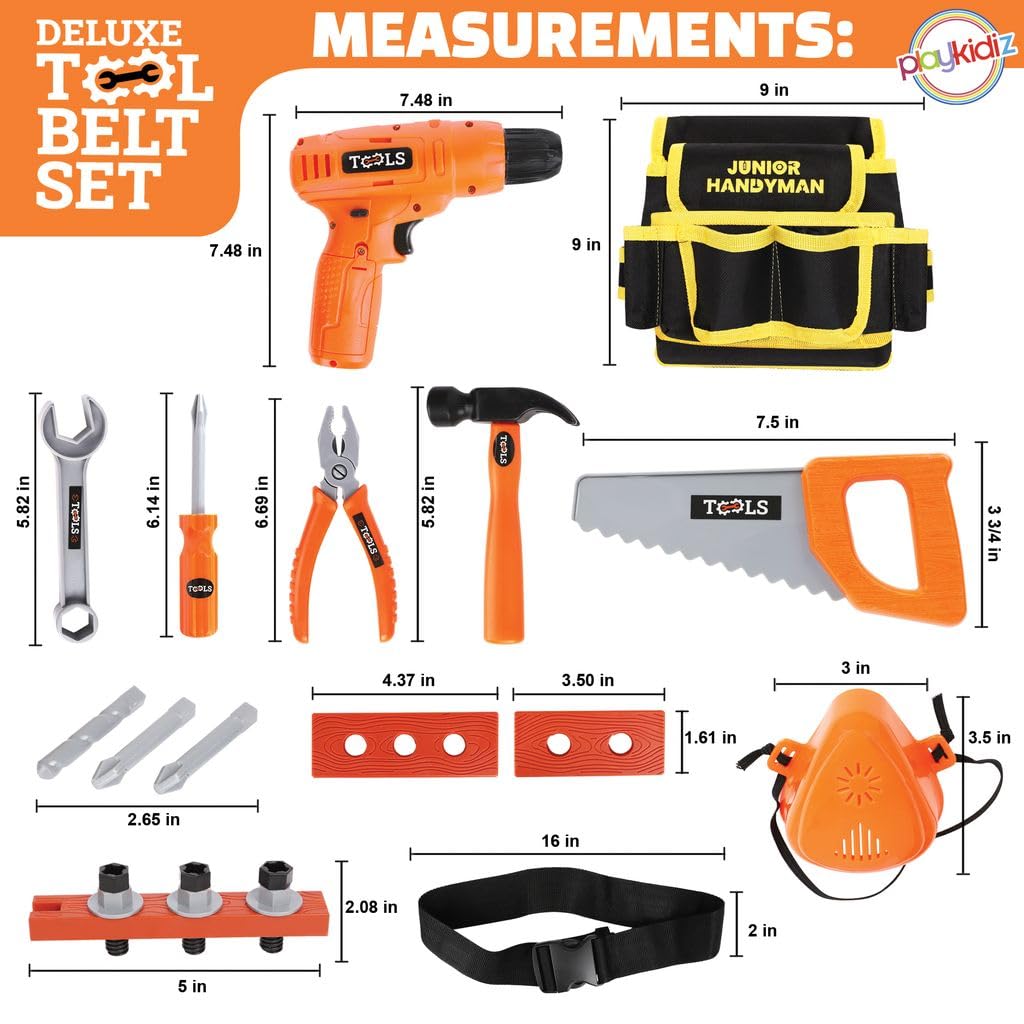 Playkidiz 20Pcs Kids Tool Set - Kids Tool Belt with Electronic Drill Toy, Pretend Construction Durable Toddler Tool Set for Boys