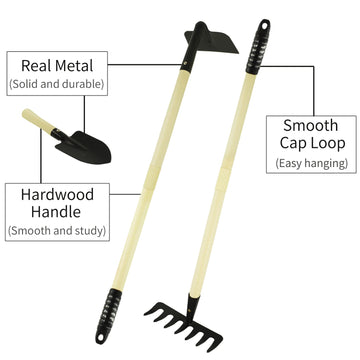 Cheerbank 7Pcs Kids Gardening Tools, Long Shovel, Rake For Leaves, Spade, Hoe, Steel Heads & Real Wood Handle, Yard Tools For Ch