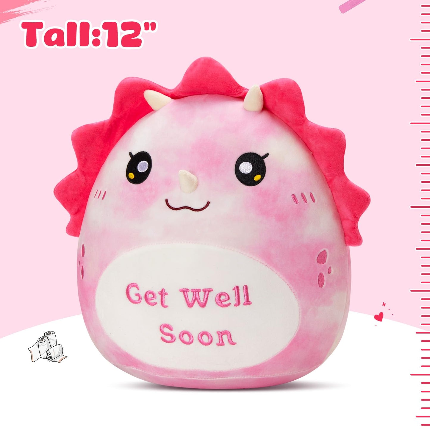 Wewill 12'' Get Well Soon Dinosaur Soft Plush Pillow, Pink Triceratops Stuffed Toy