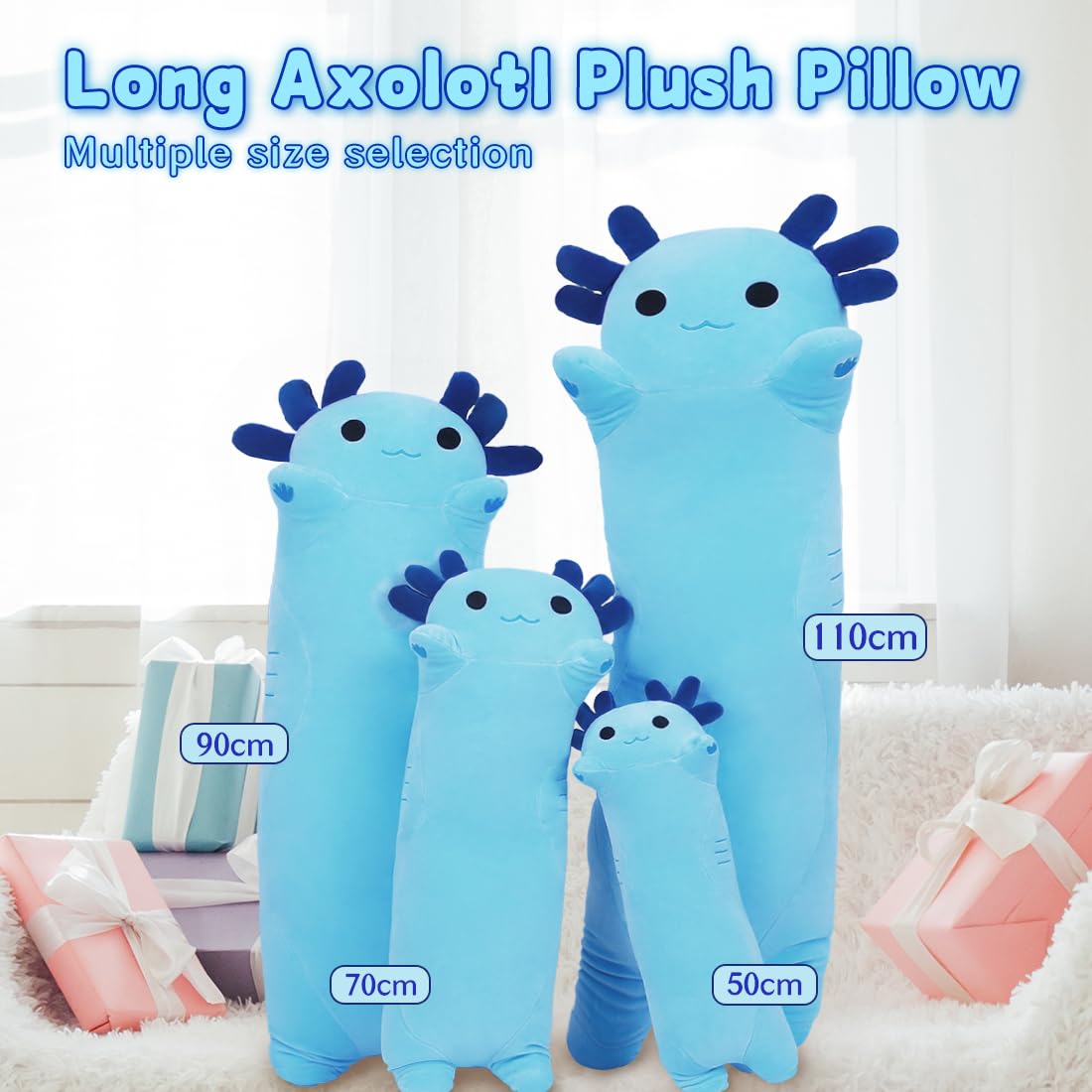Sausudols Axolotl Plush Toy - 90Cm Long Stuffed Animal Gift For Family, Friends And Children - Blue