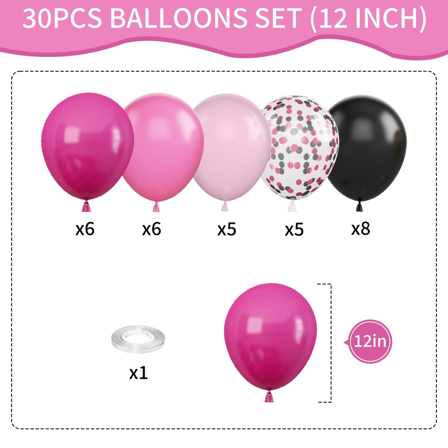 Pink And Black Balloons, 12 Inch Hot Pink Black Balloons Set With Black Pink Confetti Balloons, Pastel Pink Light Pink Black Bal