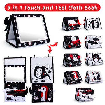 Oarifun Tummy Time Mirror, Baby Tummy Time Toys With Soft Book, Black And White High Contrast Baby Toys, 3D Activity Sensory Montessori Toys Crawling Mat