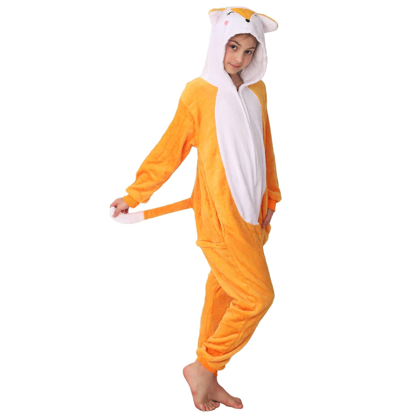Lobujou Animal Hooded Costume For Kids Boys Girls Flannel Onesie Halloween Cosplay One Piece Fox 140