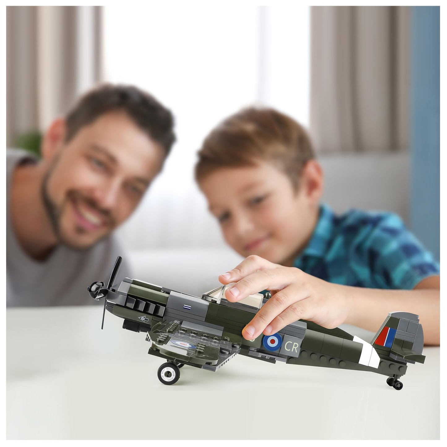 Toy Player Spitfire Fighter Military Ww2 Plane Building Set - With Sliding Features, Compatible With Lego Plane, Rotating Propellers, And An Open Cockpit Door