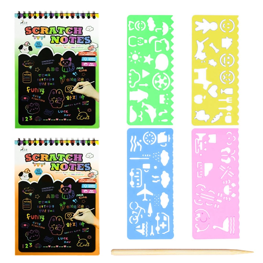 Promote Rainbow Scratch Art Notepads Set 2 Rainbow Scratch Notebooks (10 Sheets Each) + 2 Wooden Stylus Pens & 4 Drawing Stenc