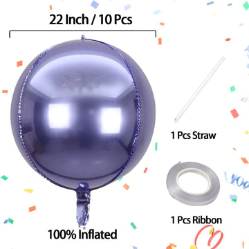 Kalor 22 Inch Purple Mylar Balloons, 10 Pcs Large 4D Giant Round Foil Balloon Big Mirror Metallic Balloons For Birthday Party Baby Shower Gender Reveal Supplies