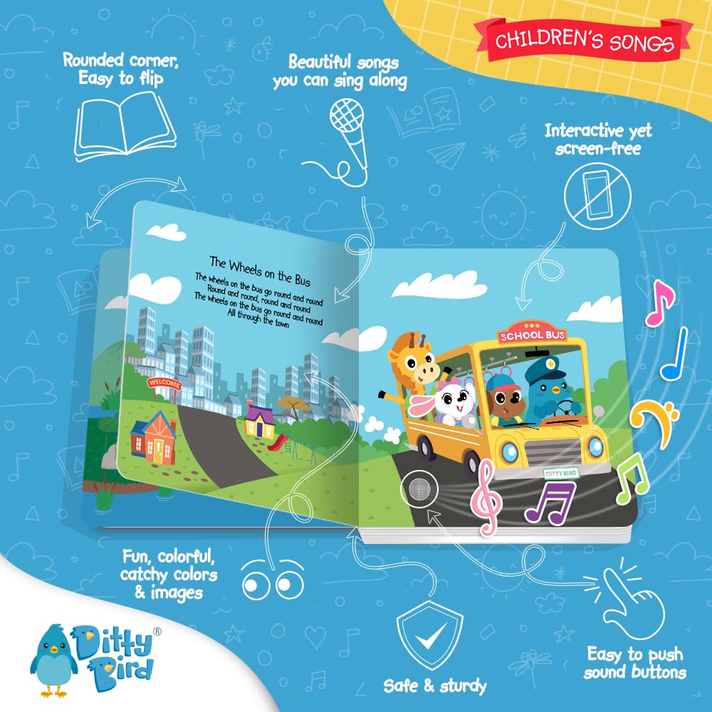 Ditty Bird Musical Books For Toddlers | Fun Children'S Nursery Rhyme Book | The Wheels On The Bus Book With Sound | Interactive