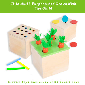 4-In-1 Montessori Wooden Toy For 1+ Year Old,Wooden Play Kit Kids Toy Box - Carrot Harvest Games, Infant Coin Box, Fine Motor Skills Toys And Cotton Swab Drop Game Box,Gift For Babies 6-12 Month