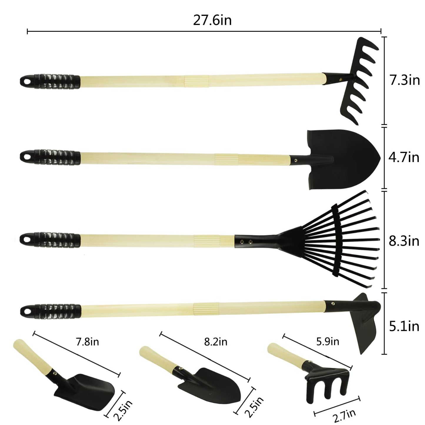 Cheerbank 7Pcs Kids Gardening Tools, Long Shovel, Rake For Leaves, Spade, Hoe, Steel Heads & Real Wood Handle, Yard Tools For Ch