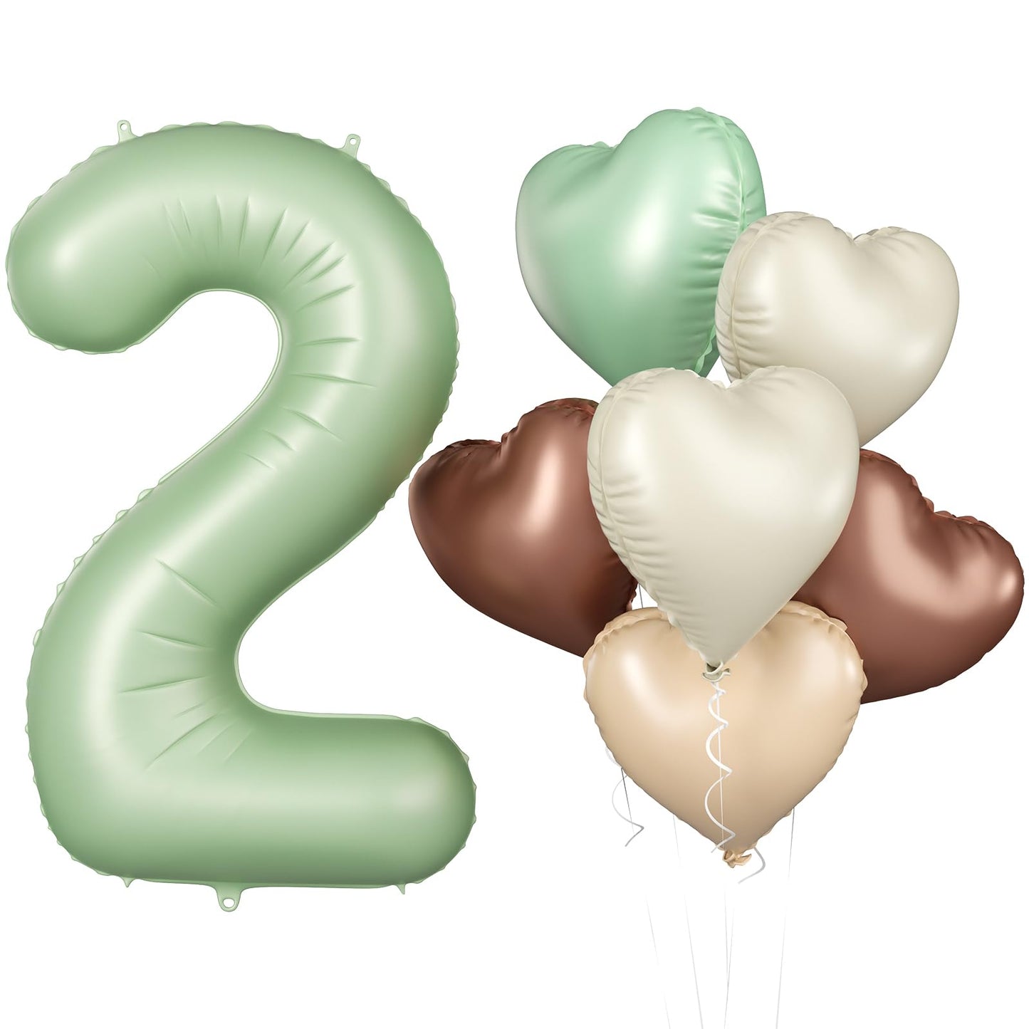 Biapian 40 Inch Sage Green Number 2 Balloons, Large 2Nd Birthday Balloons With 18'' Foil Cream Brown Heart Balloon For 2Nd Year