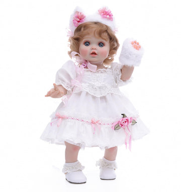 Cloveray Baby Doll 18 Inch Realistic Reborn Toddler Real Life Baby Dolls with White Lace Dress Magnetic Cat Nose Fluffy Paw Mitten & Tail enhanced Collectible Gift for 3+ Year Old Girls