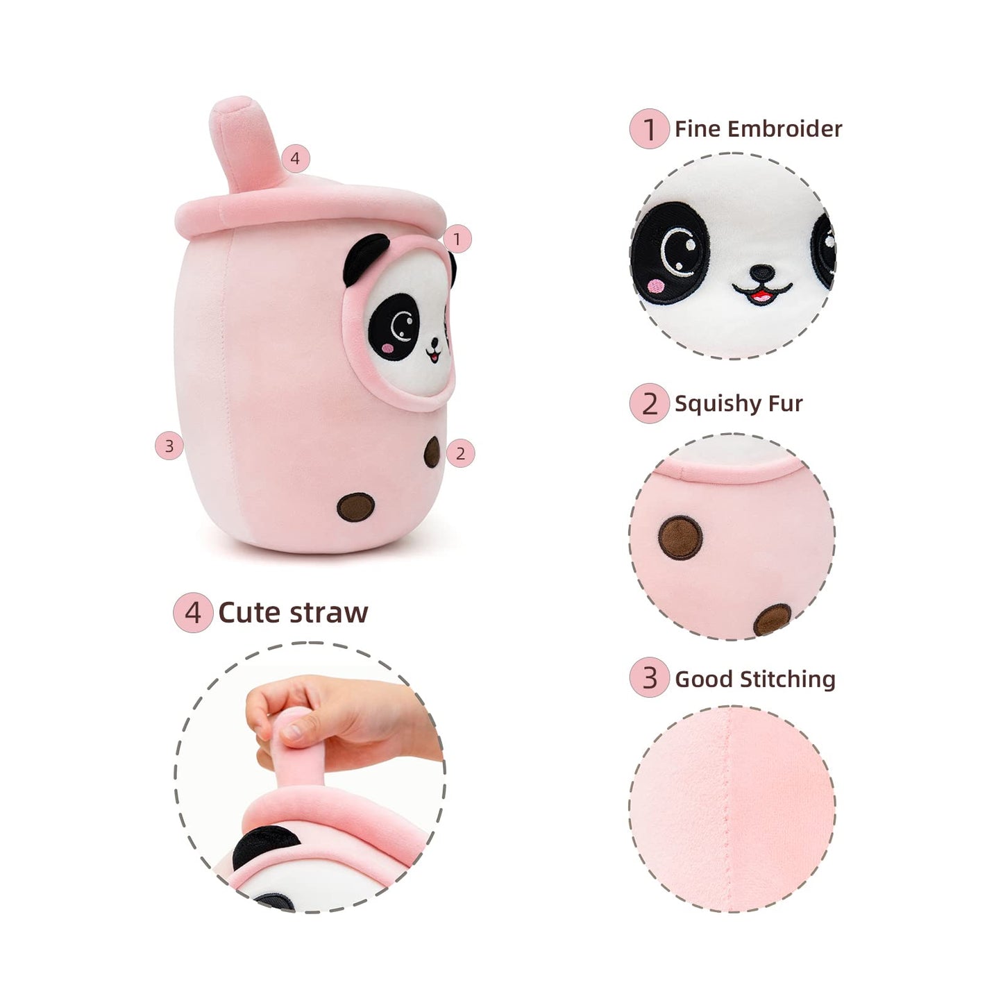 Niuniu Daddy Boba Plushies With Panda Face-13.7Inches Large Pink Cream Bubble Tea With Straw Stuffed Animals-Soft Kawaii Milk Te