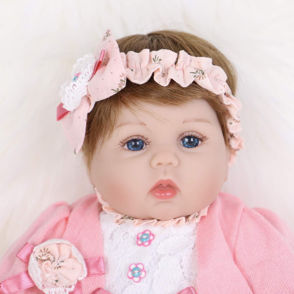 Enadoll Reborn Baby Doll Realistic Silicone Vinyl Baby Pink Hairband Girl 16 Inch Weighted Soft Body Lifelike Doll Gift Set For Ages 3+(Pink Hairband)