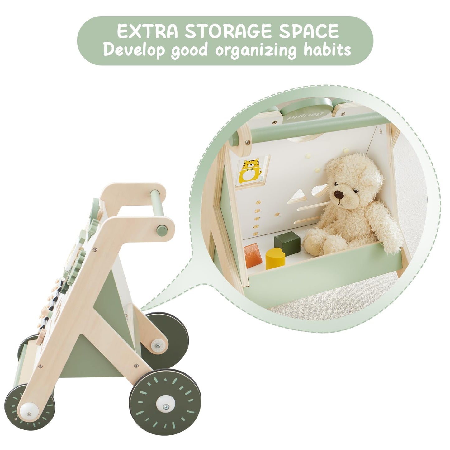 Beright Wooden Baby Walker With Roller Upgraded, Push And Pull Learning Activity Walker, Multi-Functional Kids’ Activity Toys, Develops Motor Skills & Stimulates Creativity, Green