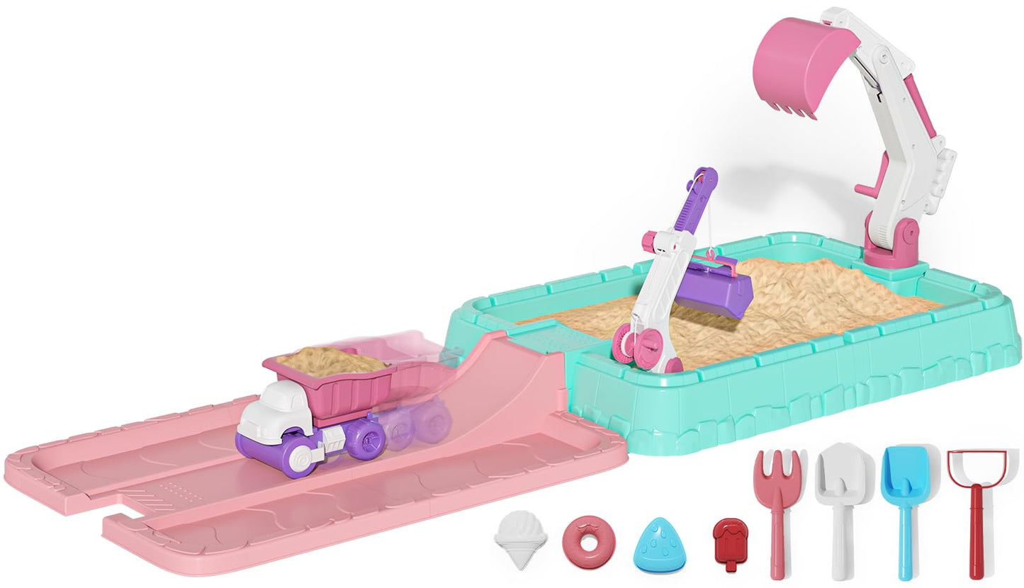 Kizjorya Sandbox With Lid, Kids Construction Sand Box With Excavator, Crane, Molds For Sensory Play, Toddler Outdoor Indoor Toys