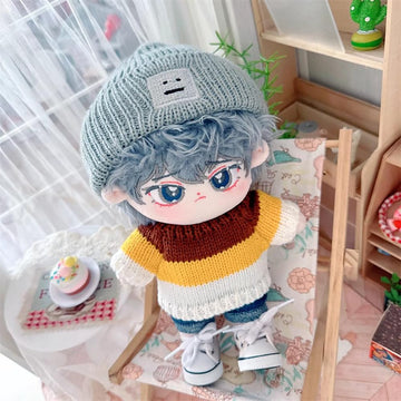 niannyyhouse 7.8in/20cm Plush Doll Clothes Hat + Sweater + Shorts 3-Piece Set Doll Dressup(Grey+Blue)